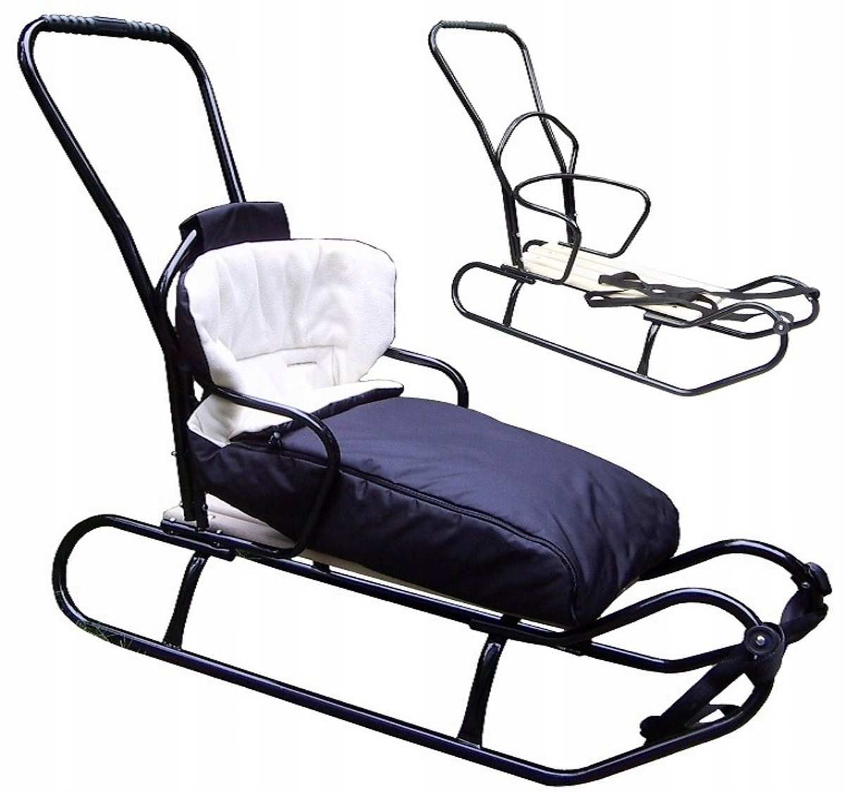 Merkloze Metal-Houten Kinder Slee met Duwstang, Rugleuning en Slaapzak