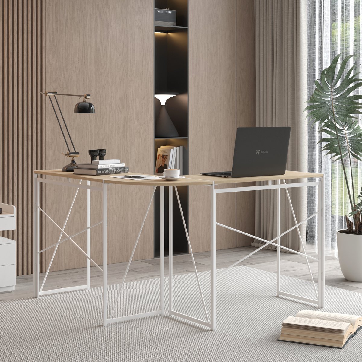 Wishdor Hoekbureau L-vorm - Modern design - Metalen frame en MDF blad - Wit eiken - Voor thuiswerkplek, studie en gaming - 119,5 x 38 x 75 cm