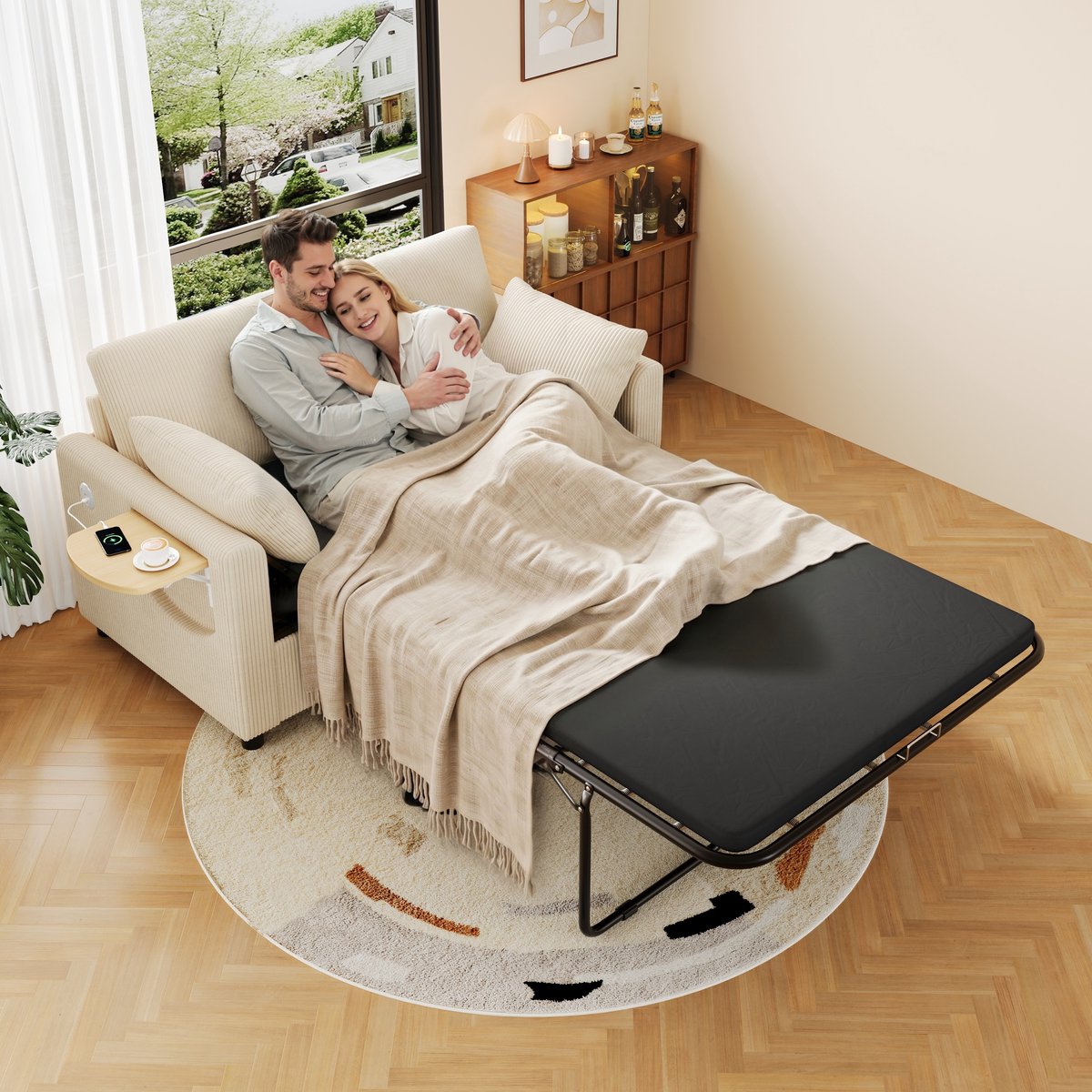 Uitschuifbare 2-zits slaapbank - Woonkamer en appartement - 2-persoons - Beige - USB-oplaadpoorten & klaptafel - Zachte corduroy, incl. matras en 2 kussens - 134 cm breed