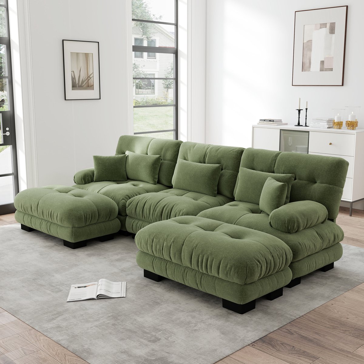 Modulaire U-vormige slaapbank met ottoman - Geschikt voor woonkamer en appartement - 4- tot 6-persoons - Groen - Zachte chenille stof, diepe zit - Inclusief kussens, geen montage - Om te bouwen tot bed, vacuüm verpakt