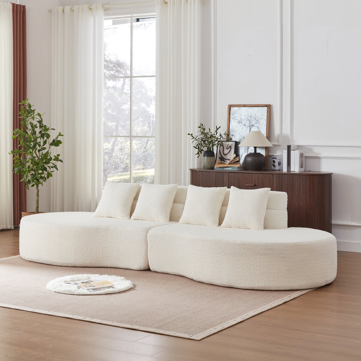 Modulaire schuim sofa - 2-delig combineerbaar - 310 cm - 100% traagschuim vulling - Afritsbare wasbare teddy hoes - Modern gebogen design zonder frame - Huisdiervriendelijk en compact verpakt