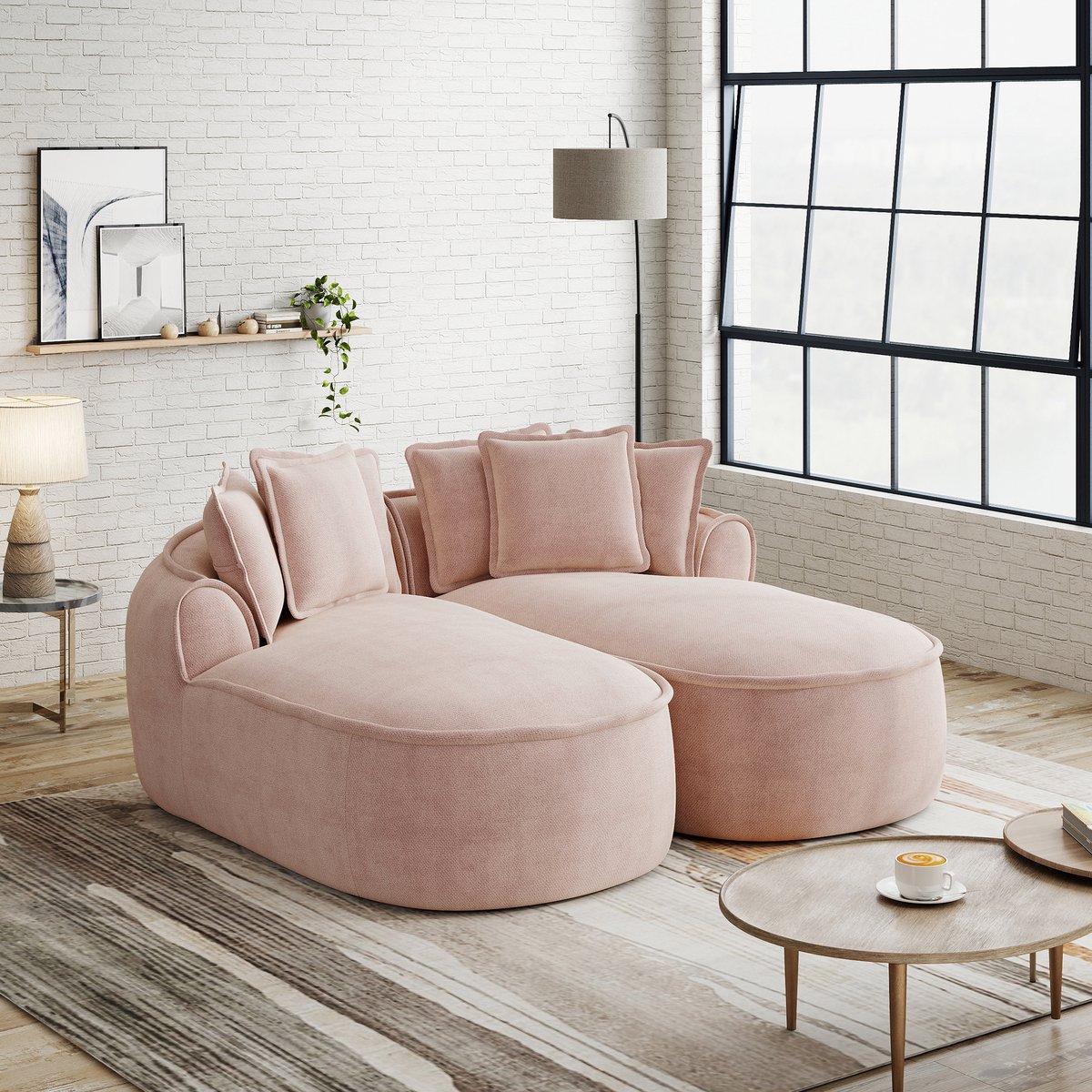 Frameloze cloud bank met dubbele chaise longue - Geschikt voor woonkamer en logeren - 2 zitplaatsen - Roze - Zachte chenille bekleding en 32D schuim - 122 cm extra diepe zit - Modulair zonder montage