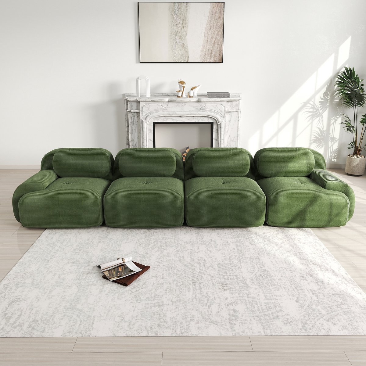 Modulaire 4-zits corduroy bank - voor woonkamer, slaapkamer en kantoor - 4 pers. - Groen - Montagevrij frameloos - 32D hoogelastisch schuim - Huisdiervriendelijk en antislip