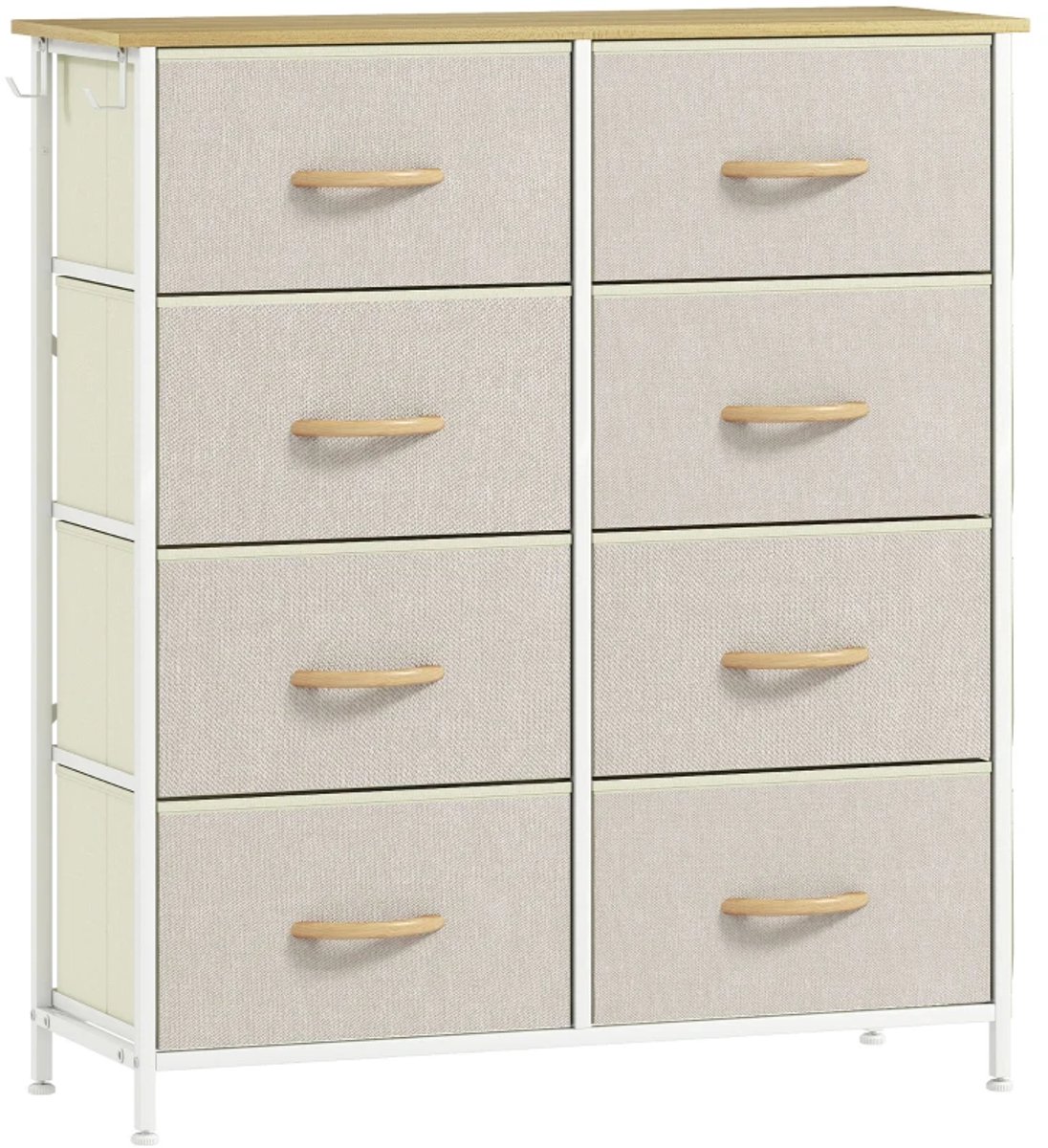 Dressoir - Slaapkamerladekast met 8 stoffen lades - Stalen stutten - Houten oppervlak - 4 opbergvakken - 2 haken - Beige