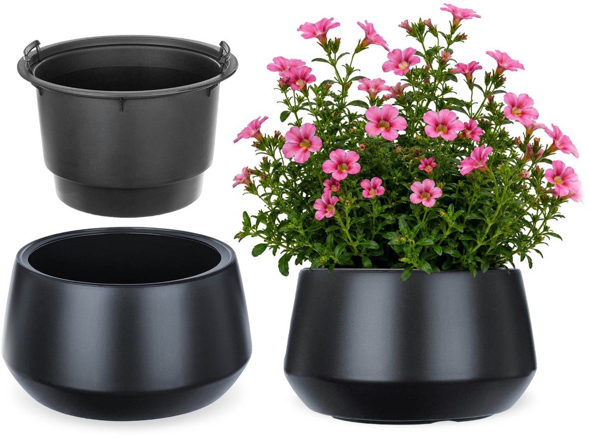 KADAX Bloempot met binnenpot, plastic sierpot vorstbestendig voor bloemen en planten, staand antraciet 34x20cm