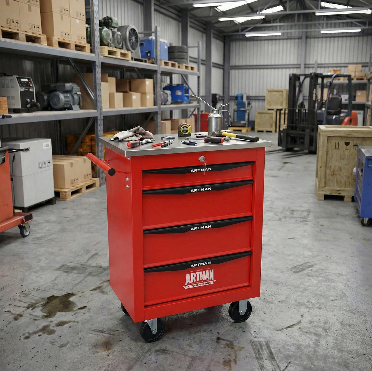 REDOM - Gereedschapskar - 4 lades - Met wielen en zijgreep - Afsluitbaar - Garage en werkplaats - Staal - Rood en Zwart - 56,5 x 34,5 x 78 cm
