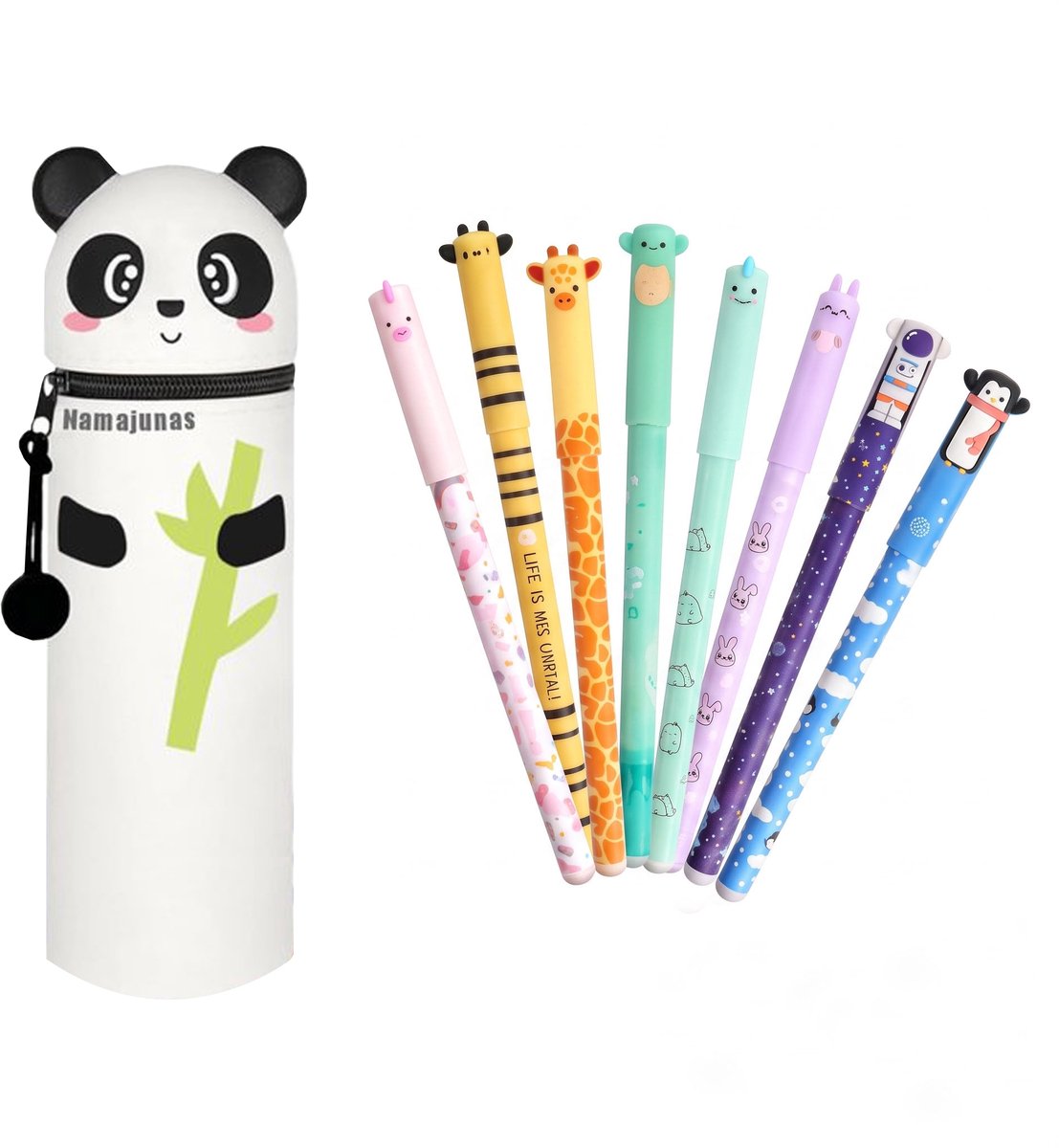 Namajunas 8-kleuren uitwisbare gelpennen - Siliconen pennenhouder - Panda-vormige pennenhouder - 0,6 mm punt, cartoon dierenpatronen, geschikt voor schoolspullen voor kinderen of kantoorartikelen voor volwassenen - Cadeauset
