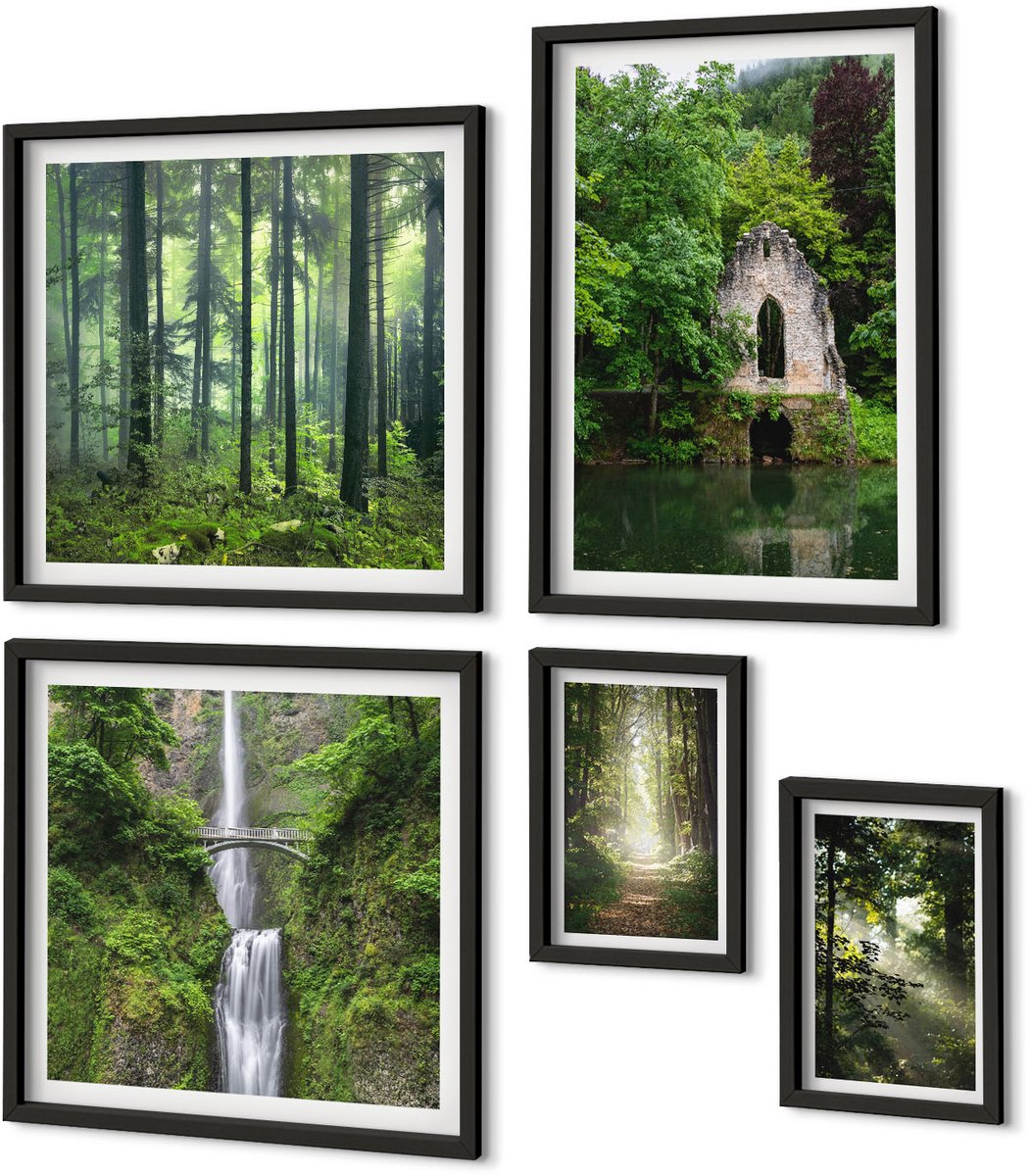 Coloray 5-Delige Schilderij Set - Groene Bossen En Watervallen In Een Natuurlijke Omgeving - 50 x 50 cm, 20 x 30 cm En 40 x 60 cm - Wanddecoratie - Muurdecoratie - Moderne Interieurdecoratie Zwarte lijst