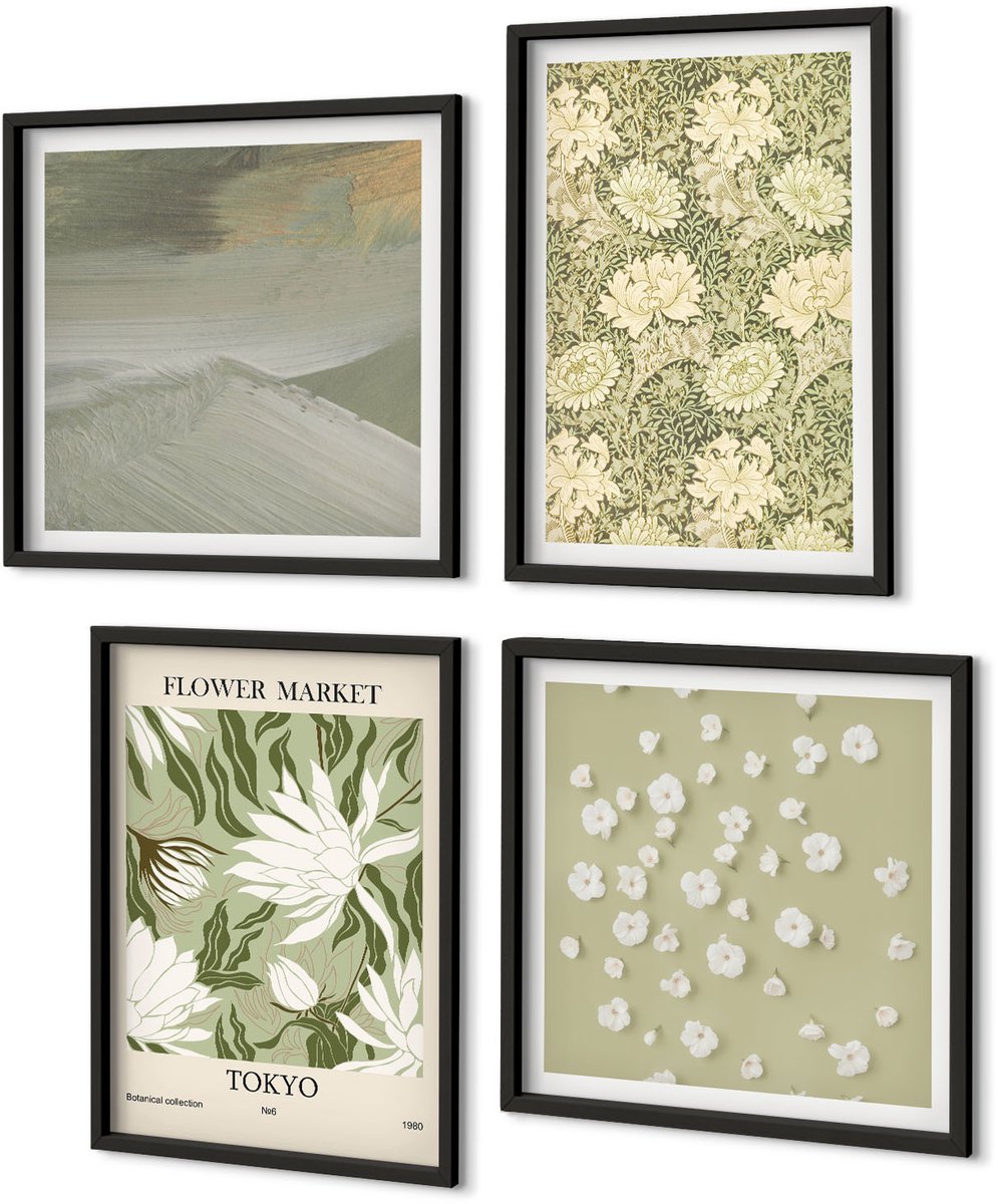 Coloray 4-Delige Schilderij Set - Plantenpatronen En Abstracties In Boho-Stijl - 40 x 40 cm En 40 x 60 cm - Muurdecoratie - Interieur Decoratie - Wanddecoratie Zwarte lijst