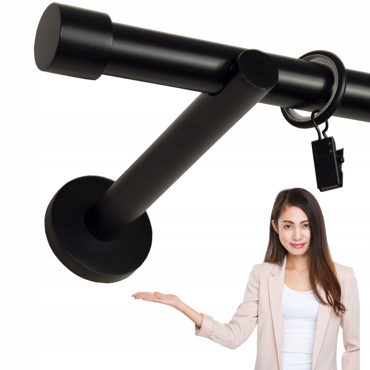 Zwarte metalen gordijnroede 19mm, 280cm, enkele roede, stille ringen