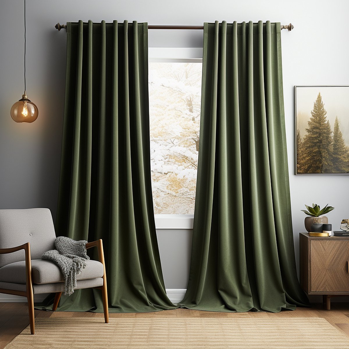 MUPOO verduisterende fluwelen gordijnen set van 2, 132 x 213 cm per paneel, donkergroen polyester met grijze voering, 260 g/m² thermisch isolerend met 8 cm drie-in-één kop voor gordijnroede, achterlussen of haken