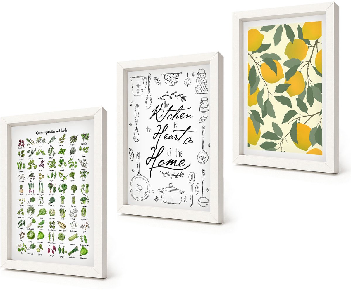Coloray 3-Delige Schilderij Set - Lijst met keukenkruiden, belettering en beschilderde citroenen - 20x30 - Wanddecoratie - Moderne Interieurdecoratie - Moderne Wanddecoratie