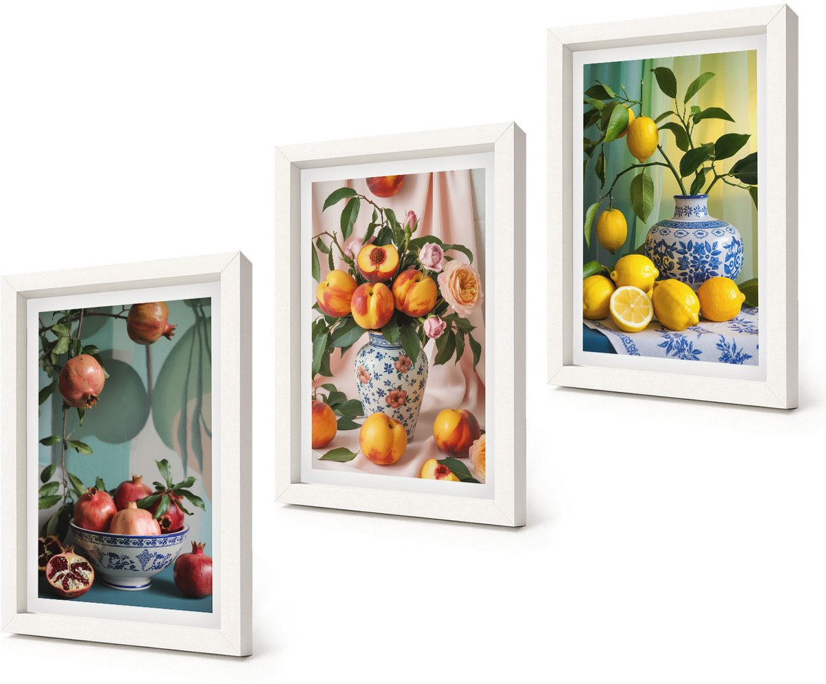 Coloray 3-Delige Schilderij Set - Granaatappels, perziken en citroenen in vazen - 20x30 - Stijlvolle Wanddecoratie - Interieur - Stijlvolle Muurdecoratie