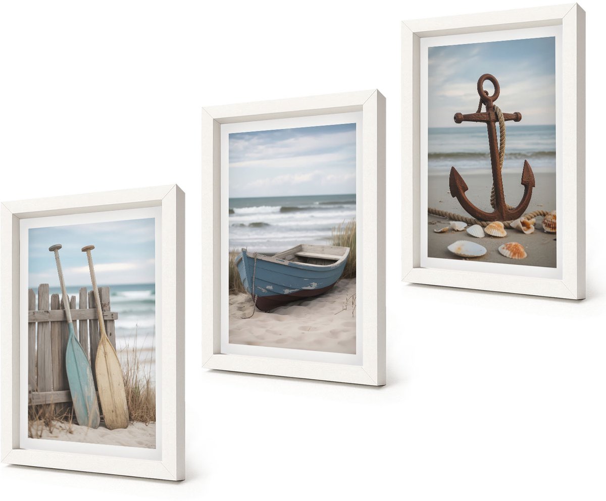 Coloray 3-Delige Schilderij Set - Strand met een roeiboot en een anker op het zand - 20x30 - Muurdecoratie - Wanddecoratie - Hal - Interieur Decoratie