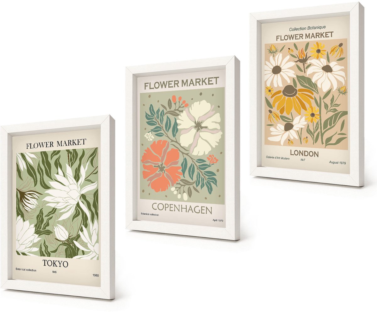 Coloray 3-Delige Schilderij Set - Bloemmotieven uit verschillende steden over de hele wereld - 20x30 - Wanddecoratie - Woonkamer Decoratie