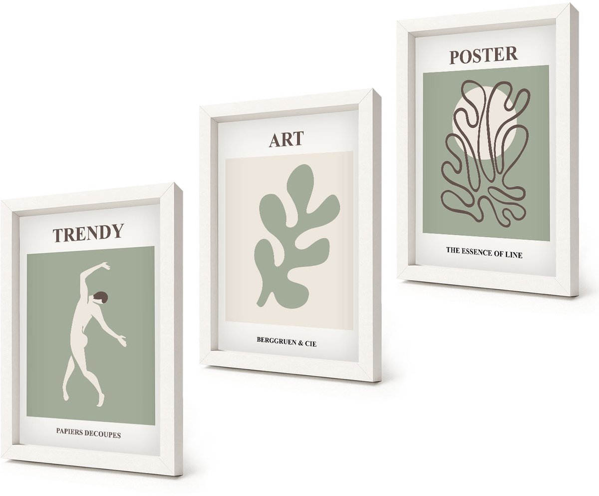 Coloray 3-Delige Schilderij Set - Abstracte figuren en plantmotieven in ingetogen kleuren. - 20x30 - Wanddecoratie - Schilderijen Set - Interieur - Interieur Decoratie