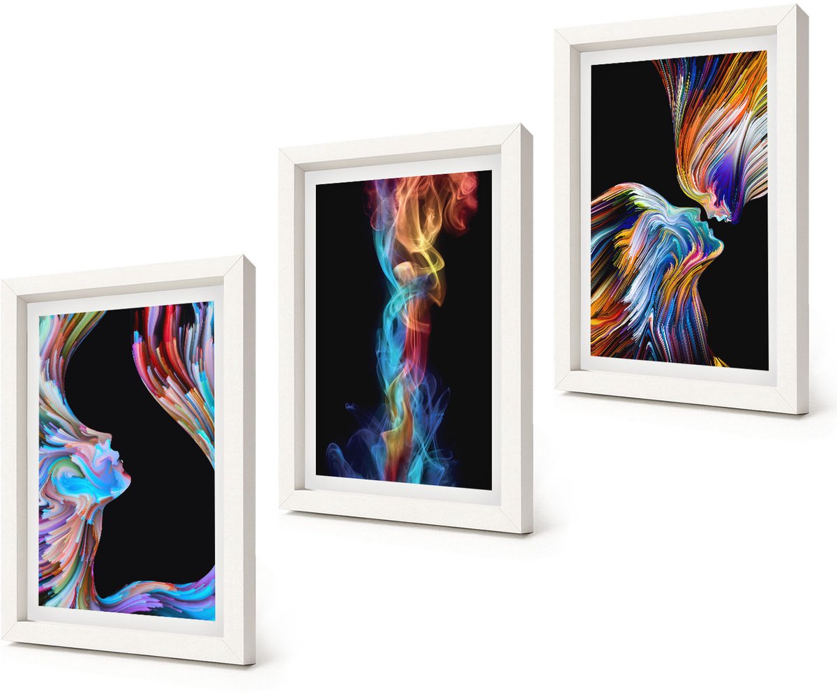 Coloray 3-Delige Schilderij Set - Kleurrijke abstracties met gezichten en dynamische vormen - 20x30 - Wanddecoratie - Woonkamer Decoratie
