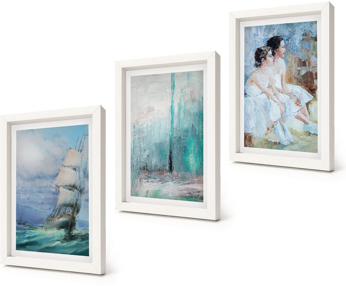 Coloray 3-Delige Schilderij Set - Schip op zee: abstract portret van dansers - 20x30 - Muurdecoratie - Wanddecoratie - Hal - Woonkamer Decoratie