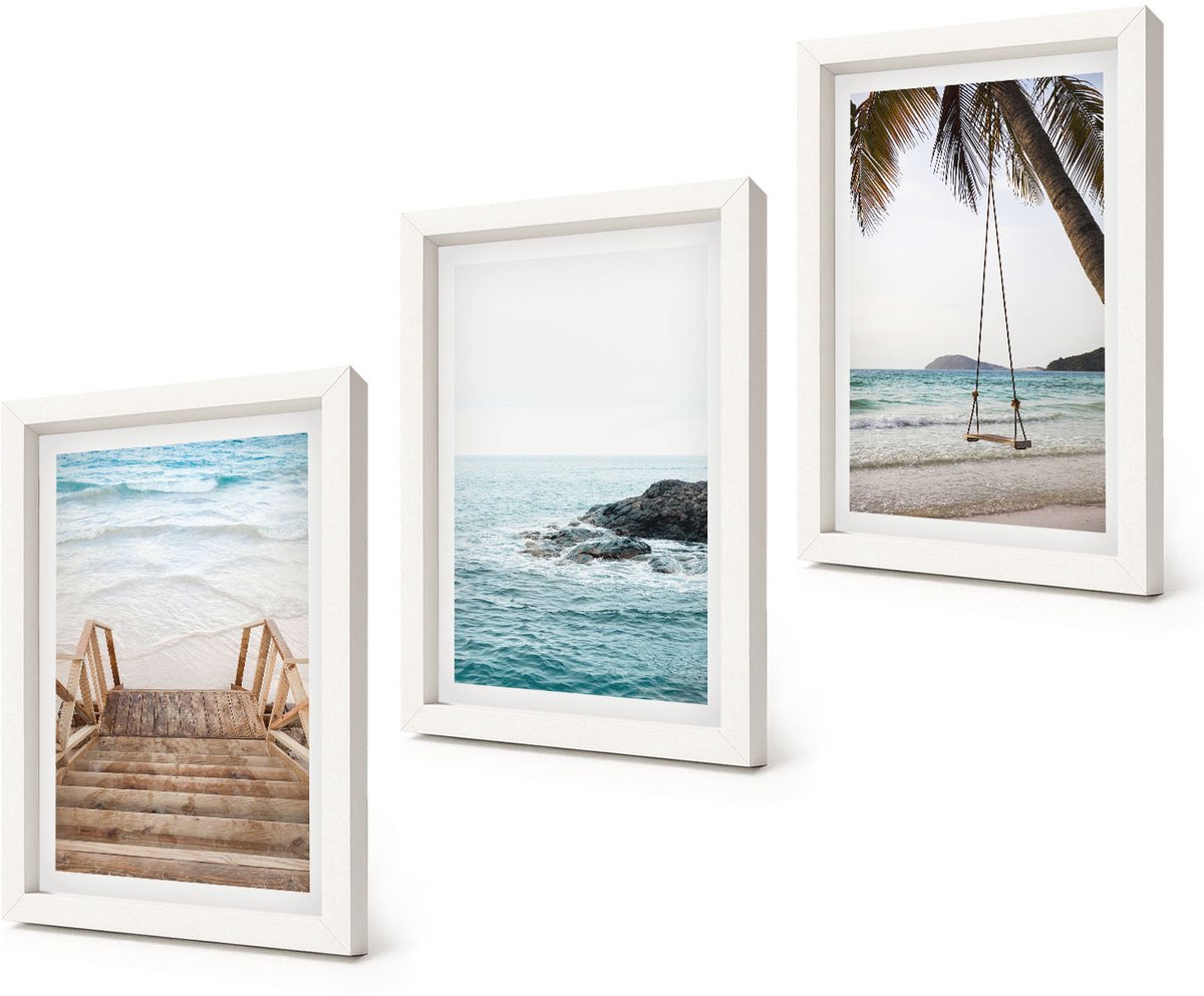 Coloray 3-Delige Schilderij Set - Trap naar het strand, uitzicht op zee en schommel in een palmboom - 20x30 - Muurdecoratie - Decoratieve Schilderijen - Wohnzimmer