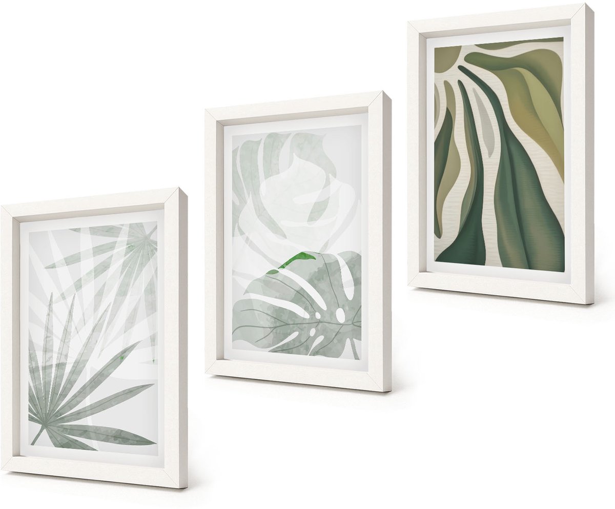 Coloray 3-Delige Schilderij Set - Plantenbladeren in tinten groen en grijs - 20x30 - Wanddecoratie - Muurdecoratie - Moderne Interieurdecoratie - Decoratieve Schilderijen