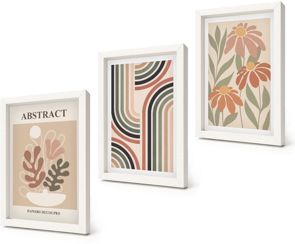Coloray 3-Delige Schilderij Set - Abstracte planten en patronen in pastelkleuren - 20x30 - Wanddecoratie - Schilderijen Set - Interieur - Woonkamer Decoratie