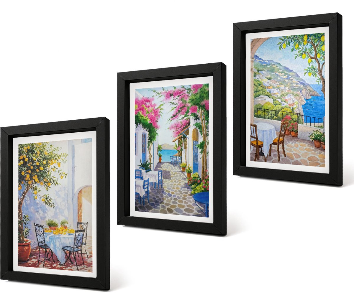 Coloray 4-Delige Schilderij Set - Sfeervolle straatjes met bloeiende planten en uitzicht op zee. - 20 x 30 cm - Muurdecoratie - Schilderijen Set - Woonkamer - Decoratieve Schilderijen
