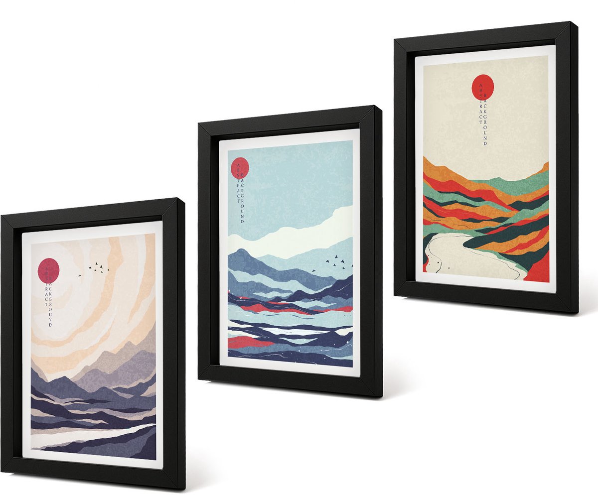 Coloray 4-Delige Schilderij Set - Japanse abstracte berglandschappen - 20 x 30 cm - Muurdecoratie - Wanddecoratie - Slaapkamer - Decoratieve Schilderijen