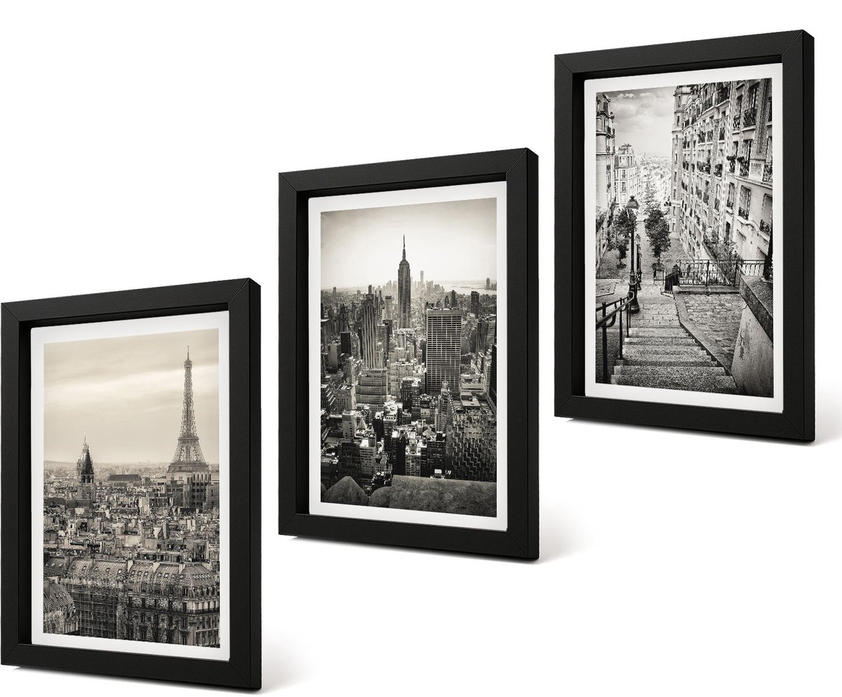 Coloray 4-Delige Schilderij Set - Stadsgezichten Parijs New York en charmante trappen - 20 x 30 cm - Decoratieve Muurdecoratie - Slaapkamer - Wanddecoratie