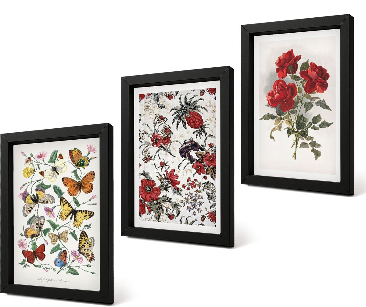 Coloray 4-Delige Schilderij Set - Vlinders, bloemen en rode rozen in een klassieke stijl. - 20 x 30 cm - Muurdecoratie - Wanddecoratie - Slaapkamer - Woonkamer Decoratie