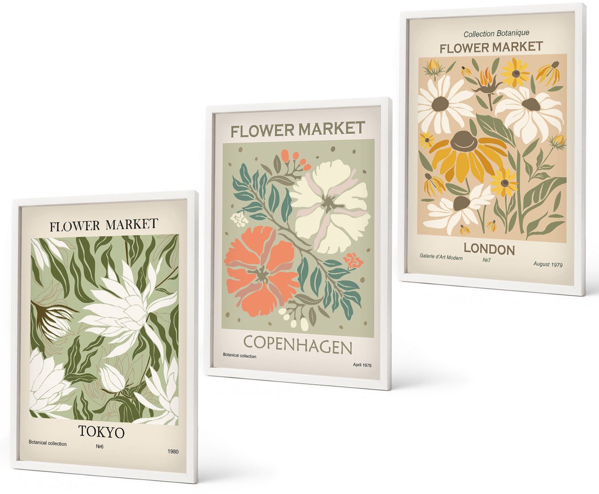 Coloray 3-Delige Schilderij Set - Bloemmotieven Uit Verschillende Steden Over De Hele Wereld - 40 x 60 - Stijlvolle Muurdecoratie - Kantoor - Wanddecoratie
