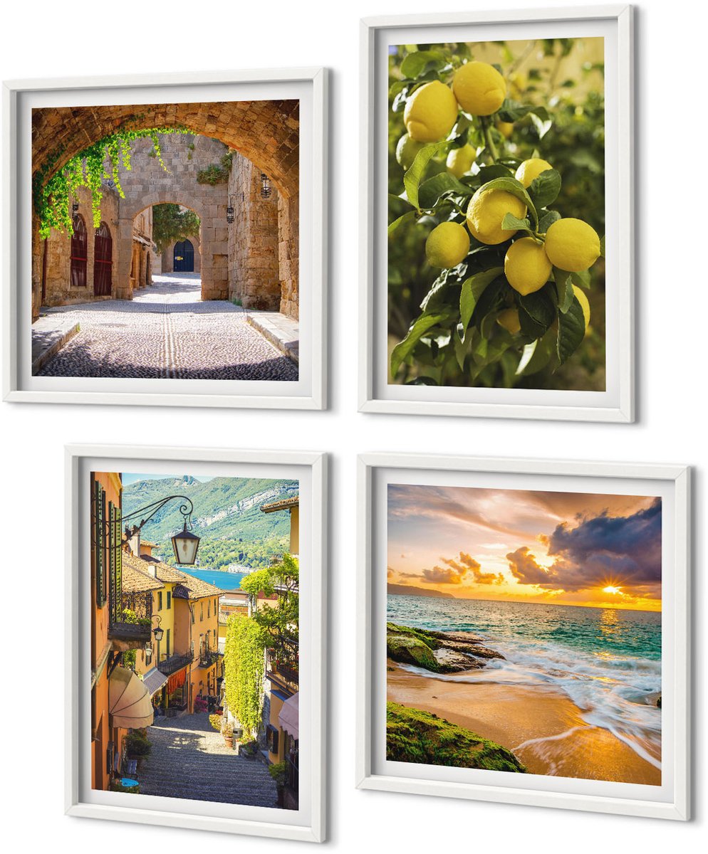 Coloray 4-Delige Schilderij Set - Schilderachtige Straatjes, Zee, Strand En Citrusbomen. - 40 x 40 En 40 x 60 - Muurdecoratie - Wanddecoratie - Hal - Moderne Wanddecoratie