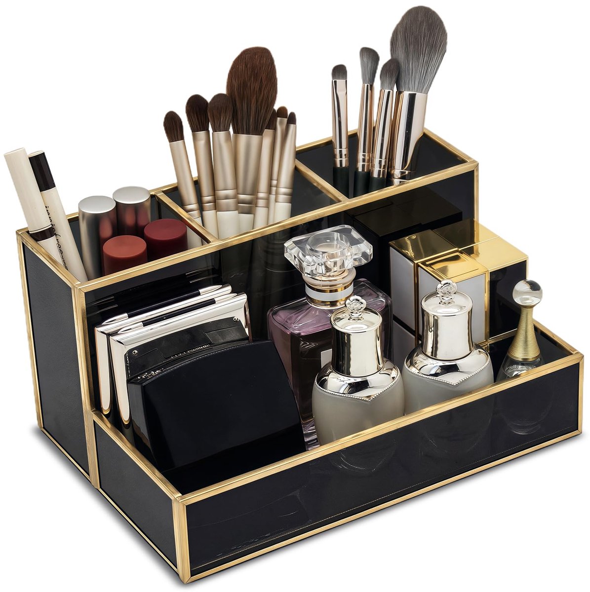 Cosmetica-organizer HARLIANGXY, make-uporganizer, beauty-organizer houder, make-upkwastenhouder, goudkleurig, zwart - ShopVlot