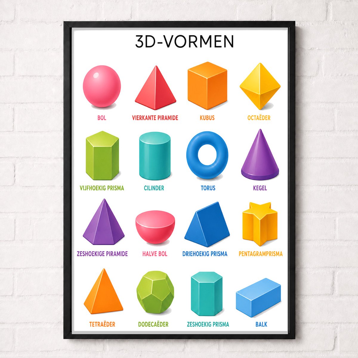 3D-vormen Educatieve Poster voor Kinderen - Leren - groep 1 t/m 3 (4-7 jaar) - A1+ 61 x 91,5 cm