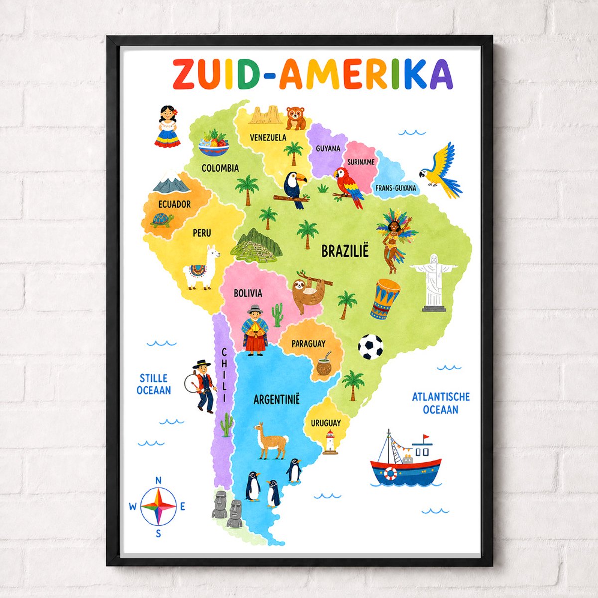 Zuid-Amerika Educatieve Poster voor Kinderen - Leren - groep 4 t/m 8 (7-12 jaar) - A2+ 43,2 x 61 cm