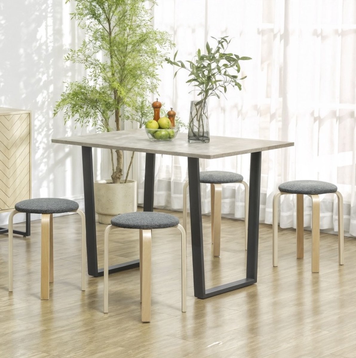 FloraGrace Hocker Set van 4 – Stapelbare Ronde Zitkrukken – Met Zachte Linnenlook Bekleding – Voor Eetkamer, Keuken en Woonkamer – Hout – Grijs