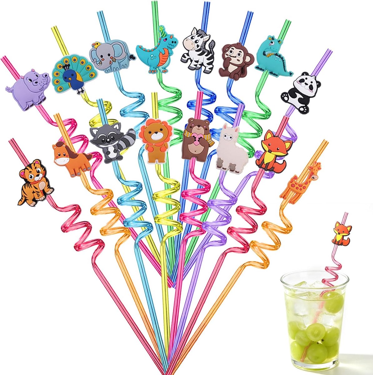 16 stuks rietjes met cartoon-dieren, herbruikbaar rietje - ShopVlot