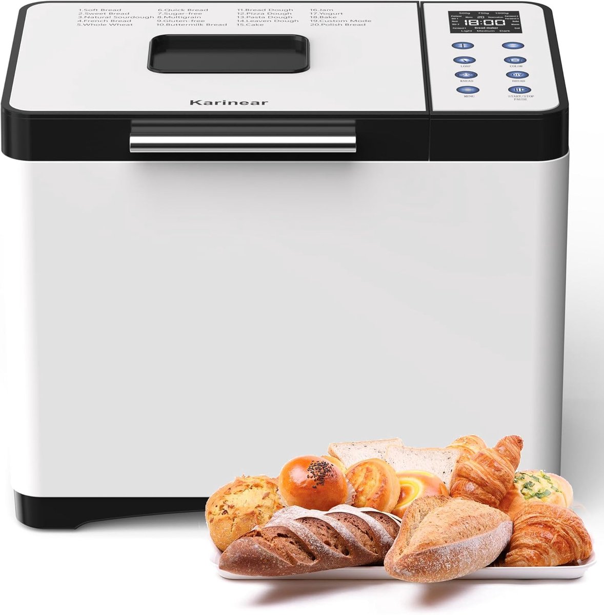 Karinear Broodbakmachine, 20 Programmafuncties, met handschoenen, 15 uur Tijdvoorkeuze, 2LB Roestvrijstalen - ShopVlot