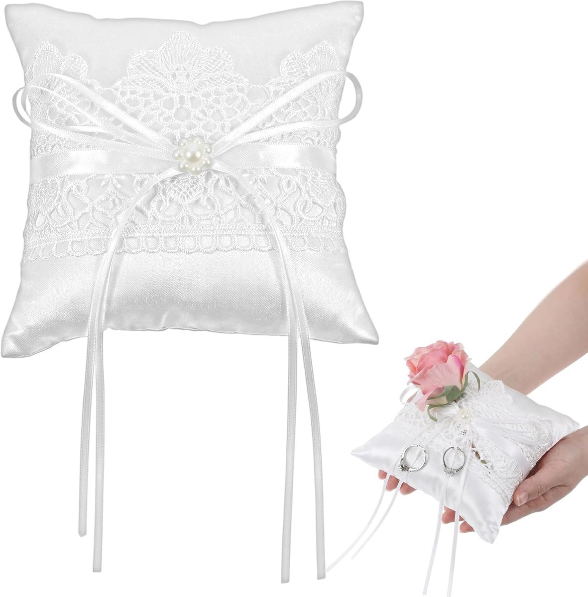 Ring Cushion Wedding, White Lace Wedding Ring Cushion with Satin Ribbon, 5.7"x5.7" Ring Holder Pillow, Ring Cushion - ShopVlot