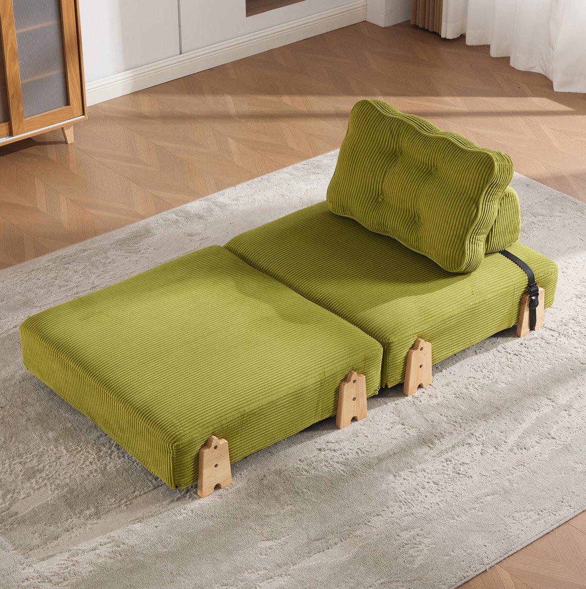 FloraGrace Fauteuil Opklapbare Eenpersoons Slaapstoel 90 Cm - Van Zithoek Tot Ligplaats - Met Houten Poten - Ribstof - Olijfgroen