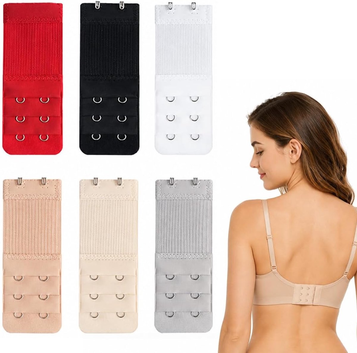 BH-verlenging met 2 haken, elastisch, 5 stuks, 9,7 x 3,8 cm, polyester, meerkleurig - ShopVlot