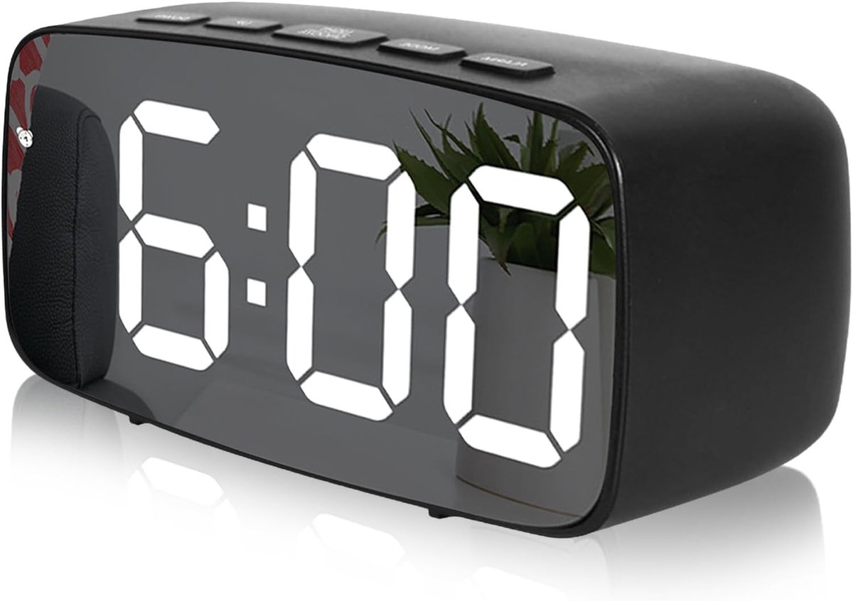 Digitale wekker met spiegelende LED-nachtklok, met temperatuur- en datumweergave, snooze-functie, instelbare helderheid, spraakbediening, nachtmodus, werkt op USB/batterijen, geschikt voor slaapkamers en kantoren (zwart).