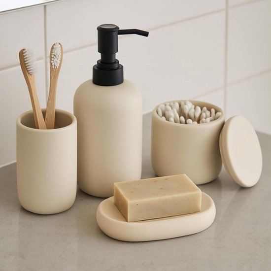 Famanu – Set van 4 moderne keramische badkameraccessoires in crème