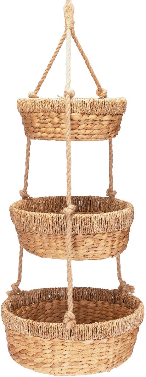 Famanu – Hangende fruitmand, grote etagère met 3 manden van waterhyacint, fruitrek voor het bewaren van groenten en fruit, hangmand, 34 cm