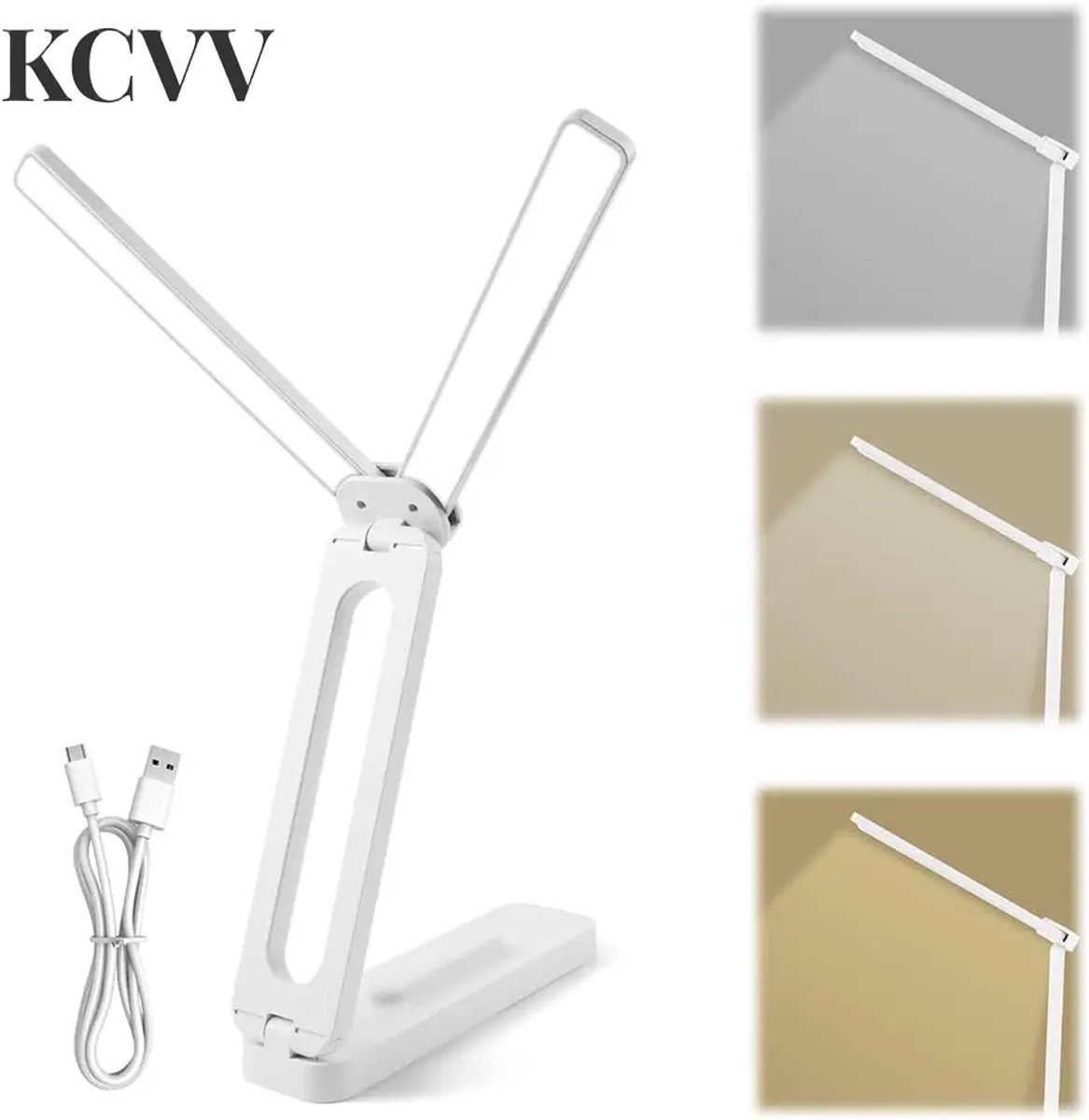 Bureaulamp -bureaulamp led dimbaar-bureaulamp kind- Opvouwbare studielamp met USB-oplaadpoort - Draaibare LED-bureaulamp met dubbele arm - Draagbare nachtlamp met drie kleurstanden - Voor lezen, knutselen, werken en studeren - Wit - 20,5 cm