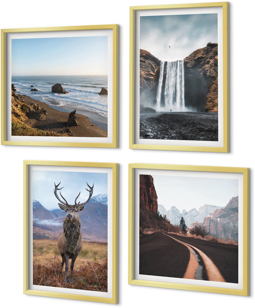 Coloray 4-Delige Schilderij Set - Berglandschappen met waterval, herten en strand - 40 x 40 cm en 40 x 60 cm - Decoratieve Schilderijen - Woonkamer - Interieur - Moderne Wanddecoratie