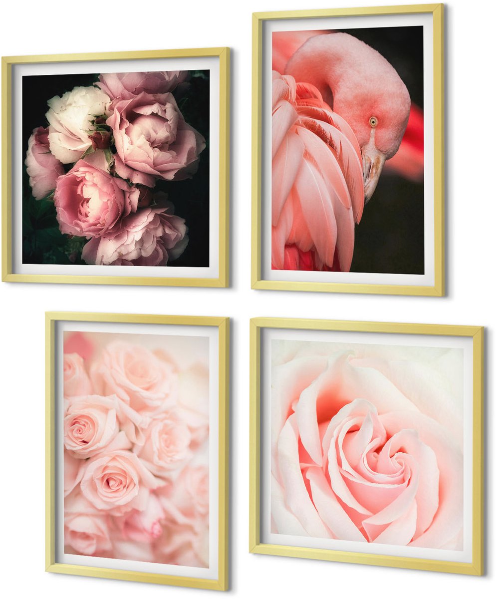 Coloray 4-Delige Schilderij Set - Pastelrozen en flamingo's in delicate tinten - 40 x 40 cm en 40 x 60 cm - Muurdecoratie - Wanddecoratie - Hal
