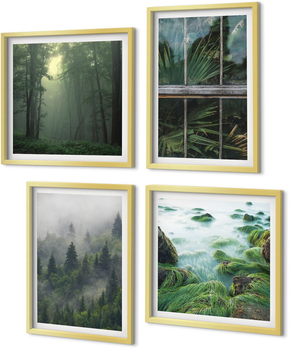 Coloray 4-Delige Schilderij Set - Bos in de mist, rivieroever en kas met planten - 40 x 40 cm en 40 x 60 cm - Muurdecoratie - Schilderijen Set - Woonkamer - Stijlvolle Muurdecoratie