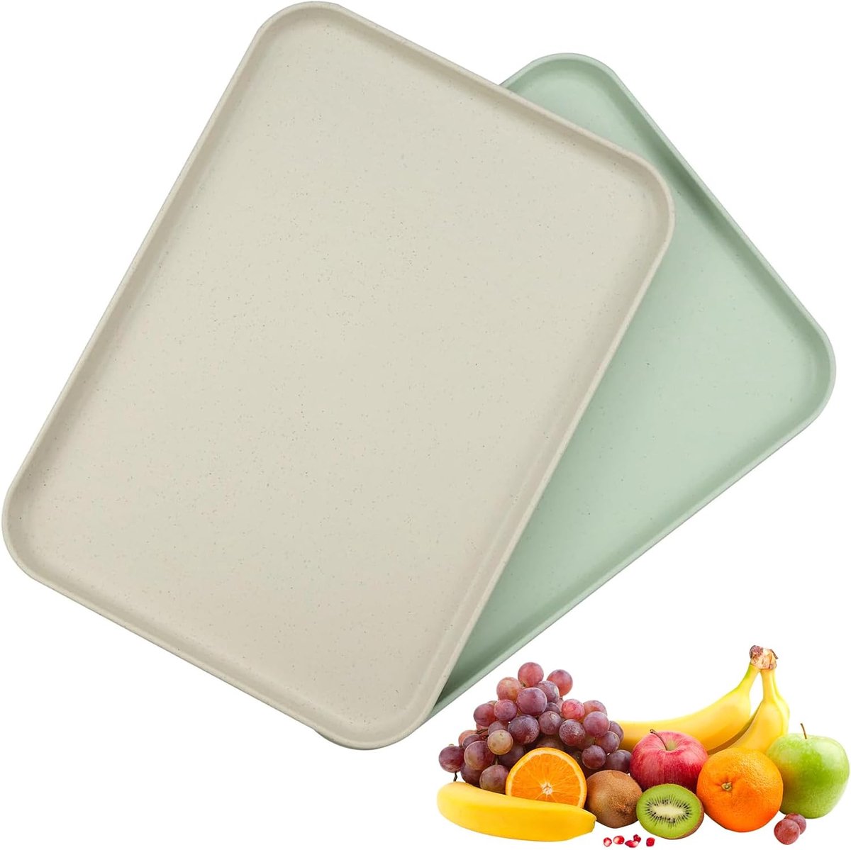 2 Pieces Rectangular Trays Non-Slip for Kitchen Restaurant Cafe (Off White, Light Green) - ShopVlot
