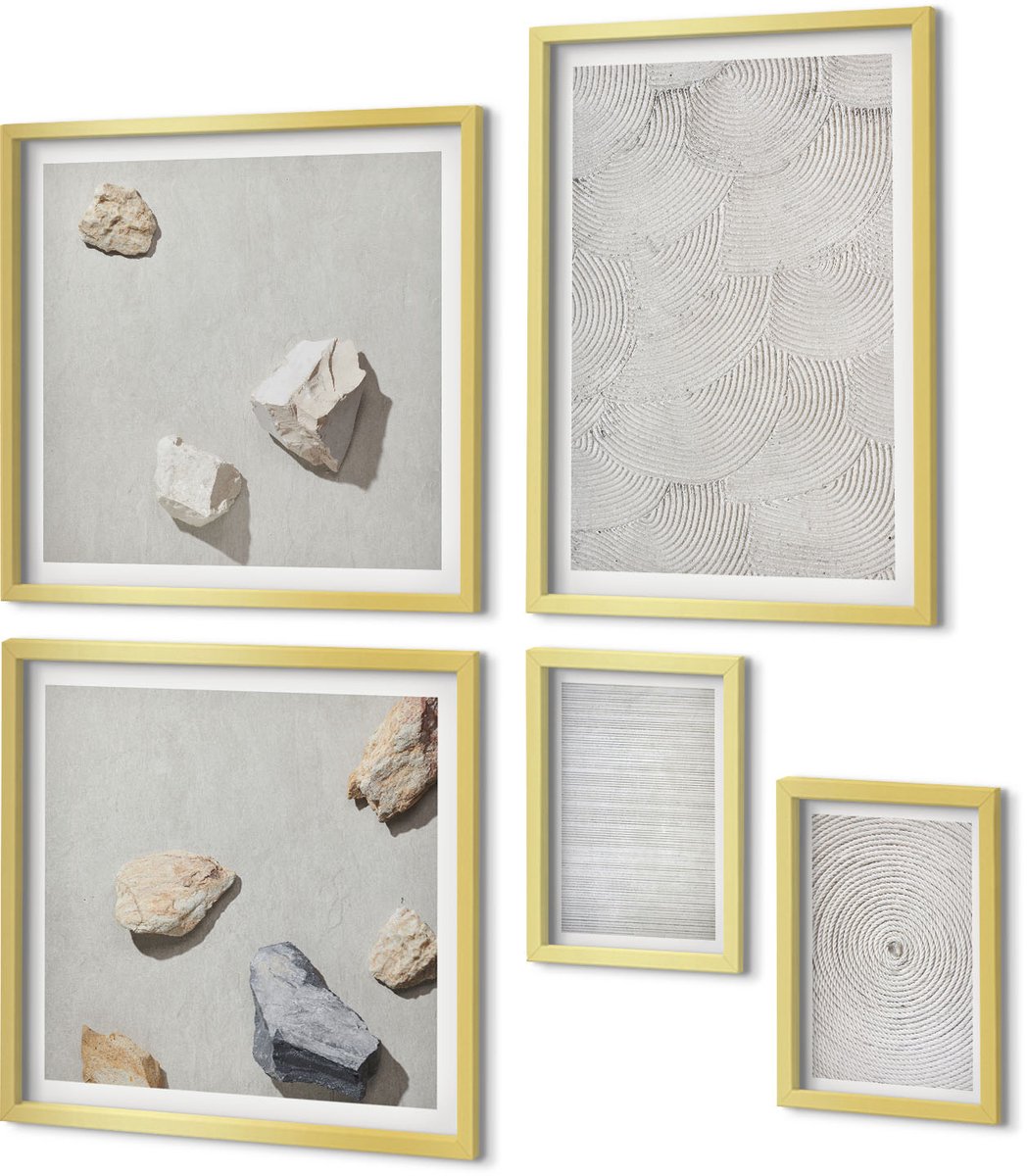Coloray 5-Delige Schilderij Set - Geometrische Patronen Van Karton En Stenen Op Zand. - 50 x 50 cm, 20 x 30 cm En 40 x 60 cm - Moderne Wanddecoratie - Slaapkamer