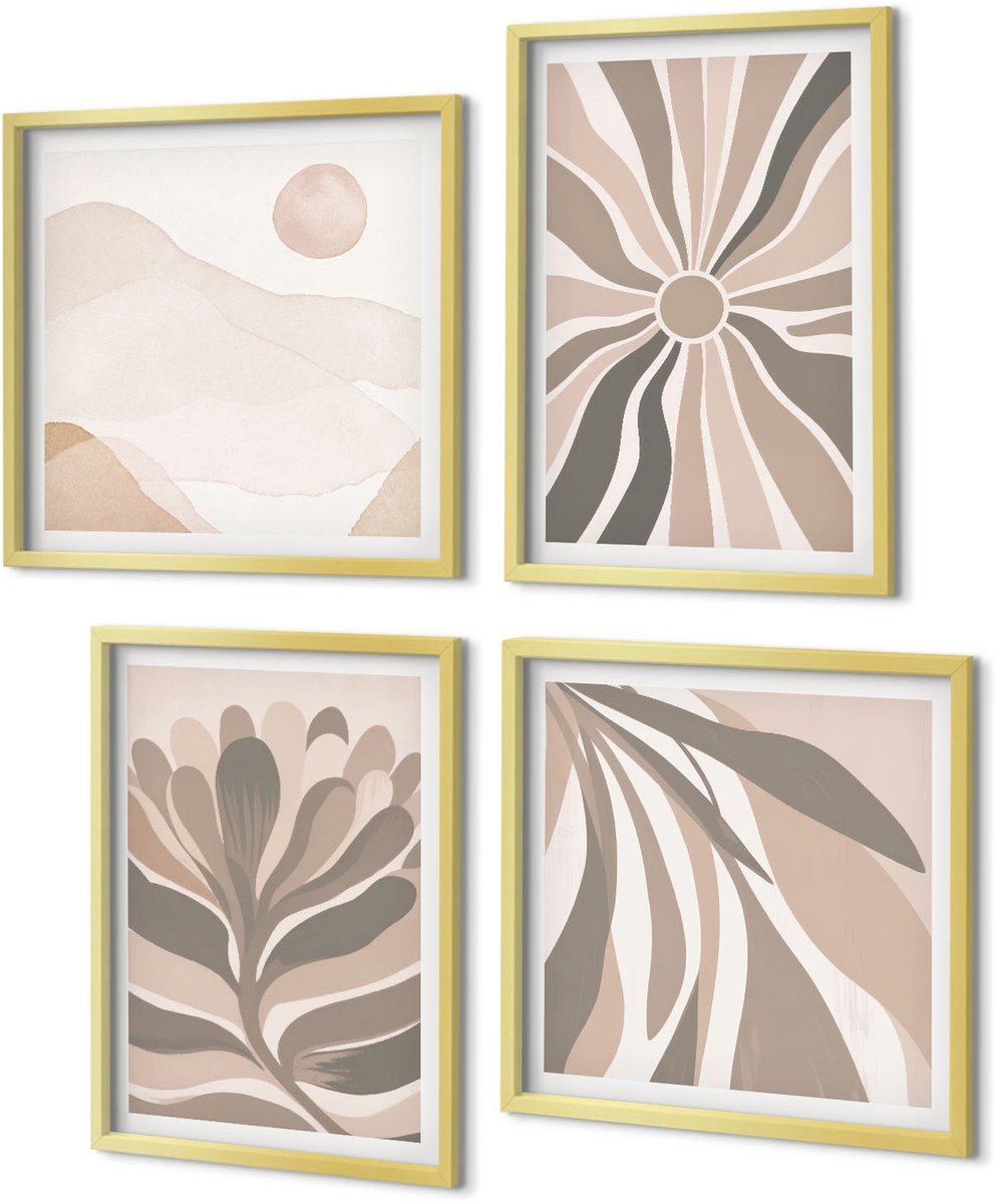 Coloray 4-Delige Schilderij Set - Abstracte plantenpatronen in een berglandschap - 40 x 40 cm en 40 x 60 cm - Wanddecoratie - Muurdecoratie - Moderne Interieurdecoratie